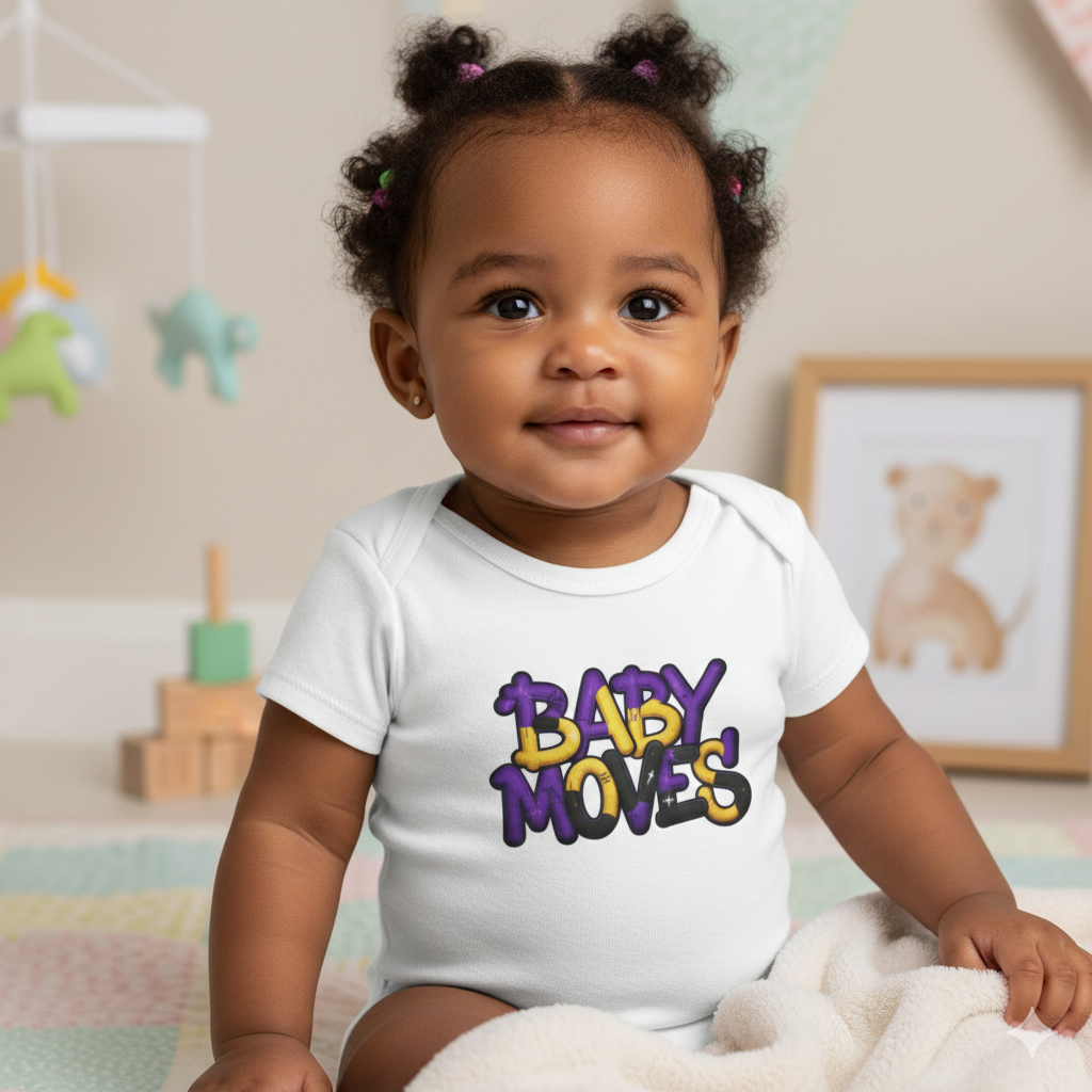 Baby Moves Infant Bodysuit — Cute Purple & Gold Graphic Onesie