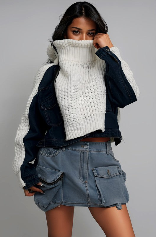 Denim and Knit Multi Fabric Jacket - ShopEbonyMonique