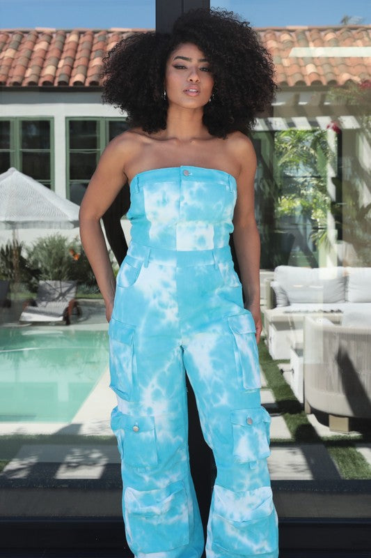 Blue Tie Dye Strapless Utility Jumpsuit. - ShopEbonyMonique