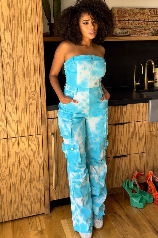 Blue Tie Dye Strapless Utility Jumpsuit. - ShopEbonyMonique