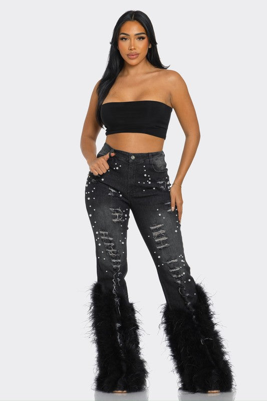 Distressed Pearl Embellished Feather Detail Jeans - ShopEbonyMonique