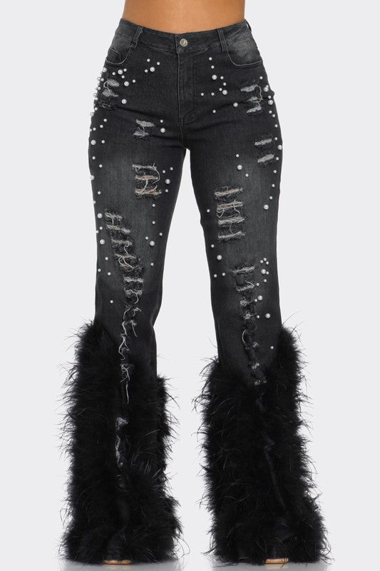 Distressed Pearl Embellished Feather Detail Jeans - ShopEbonyMonique