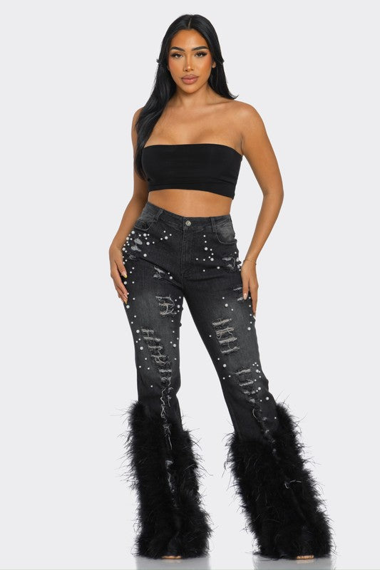 Distressed Pearl Embellished Feather Detail Jeans - ShopEbonyMonique