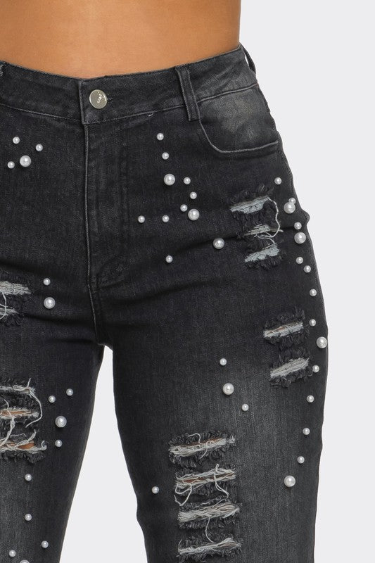 Distressed Pearl Embellished Feather Detail Jeans - ShopEbonyMonique