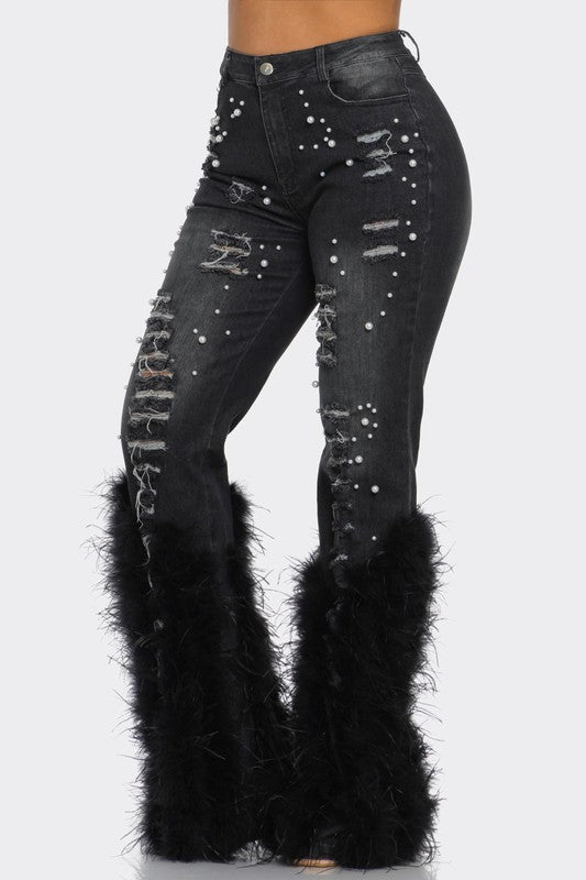 Distressed Pearl Embellished Feather Detail Jeans - ShopEbonyMonique