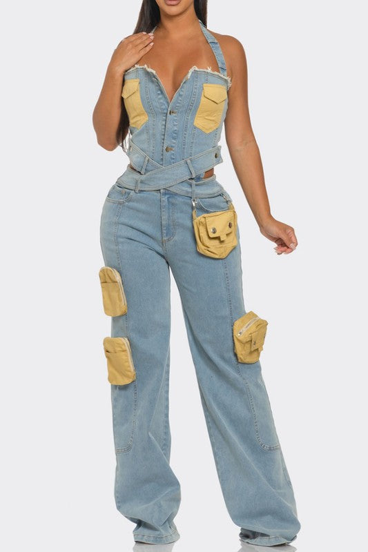 Dual-Tone Denim Jumpsuit - ShopEbonyMonique