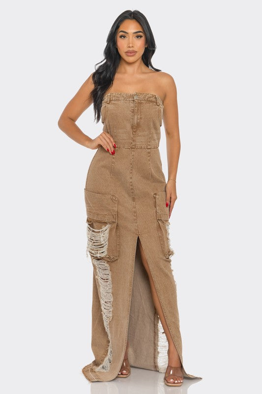 Vintage Washed Distressed Cargo Maxi Dress - ShopEbonyMonique