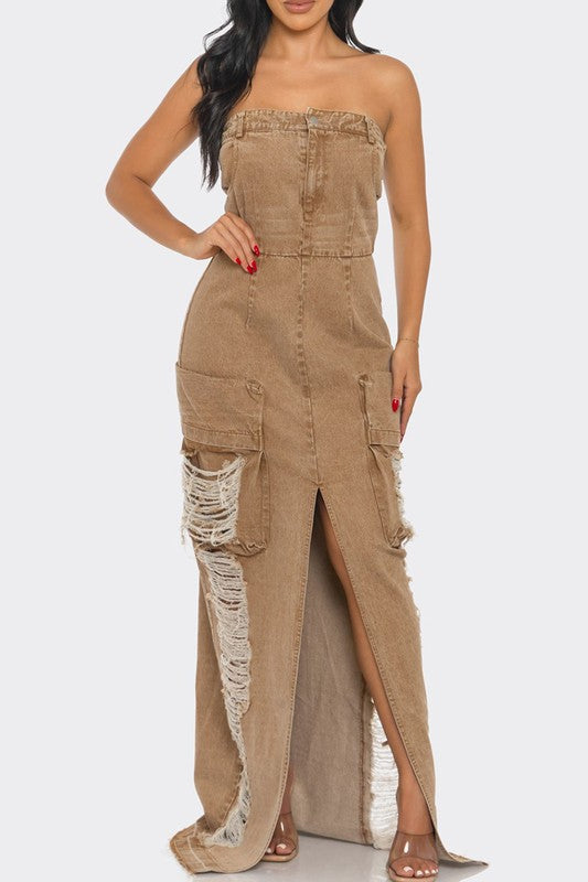 Vintage Washed Distressed Cargo Maxi Dress - ShopEbonyMonique