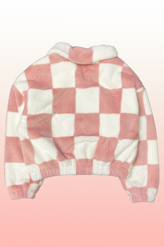 Fuzzy checkered zip front jacket - ShopEbonyMonique