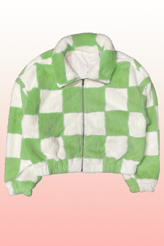 Fuzzy checkered zip front jacket - ShopEbonyMonique