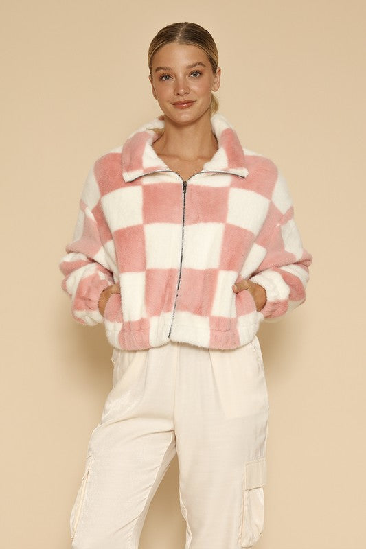 Fuzzy checkered zip front jacket - ShopEbonyMonique