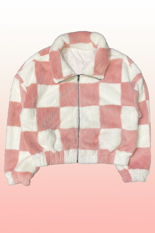 Fuzzy checkered zip front jacket - ShopEbonyMonique