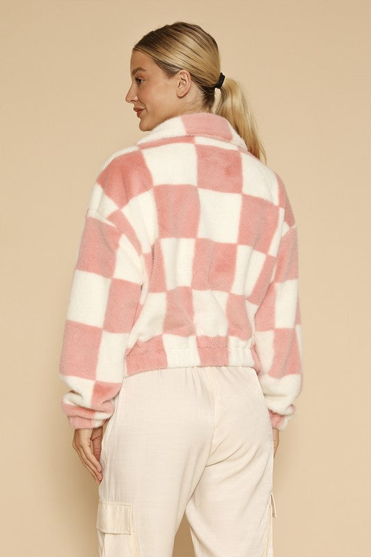 Fuzzy checkered zip front jacket - ShopEbonyMonique