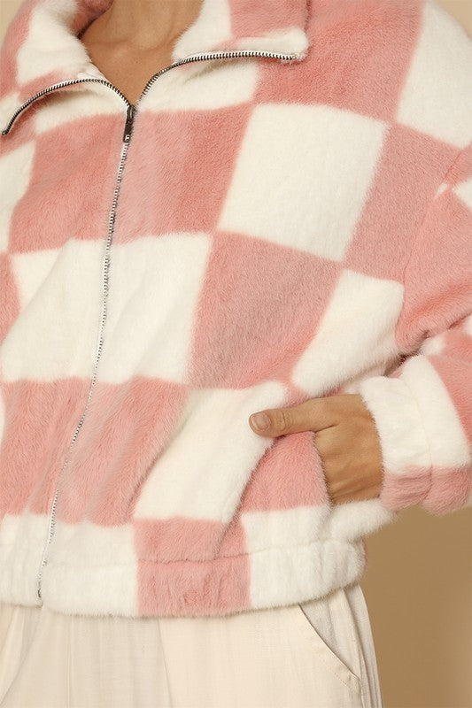 Fuzzy checkered zip front jacket - ShopEbonyMonique