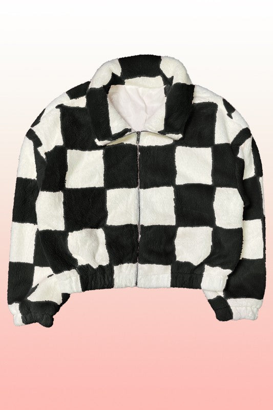 Fuzzy checkered zip front jacket - ShopEbonyMonique