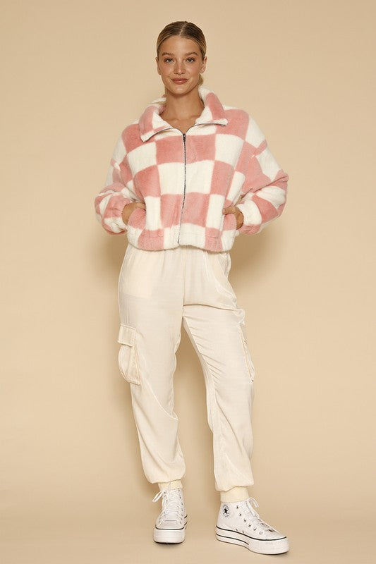 Fuzzy checkered zip front jacket - ShopEbonyMonique