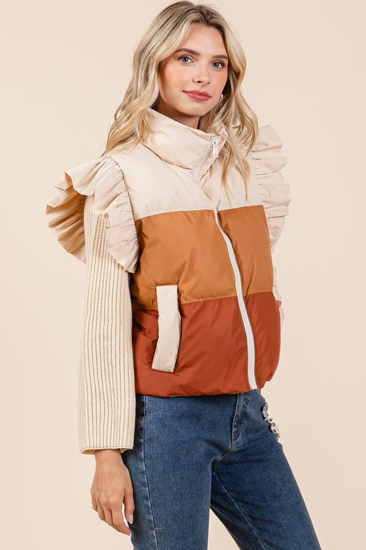 Color Block Ruffle Trim Puffer Vest - ShopEbonyMonique