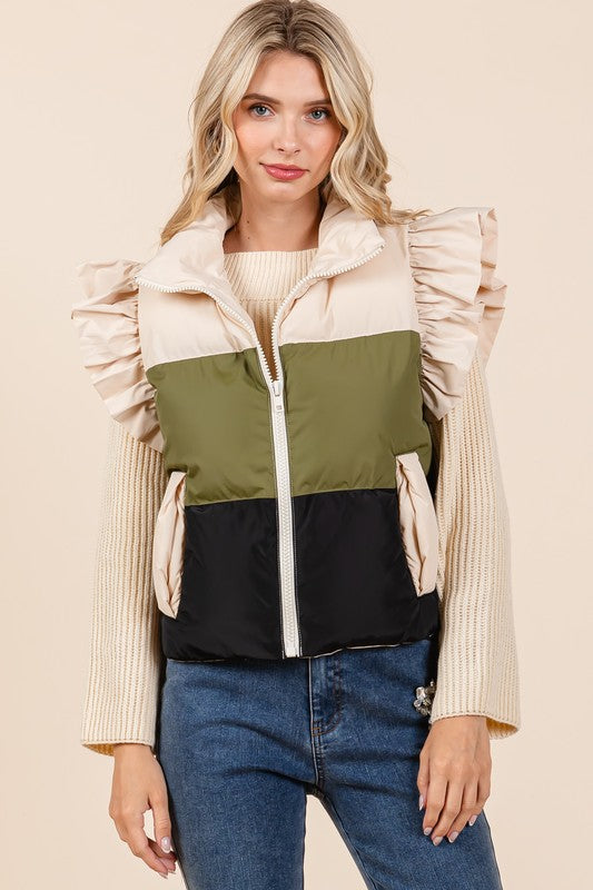 Color Block Ruffle Trim Puffer Vest - ShopEbonyMonique