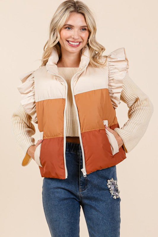 Color Block Ruffle Trim Puffer Vest - ShopEbonyMonique