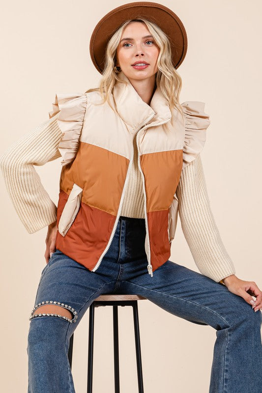 Color Block Ruffle Trim Puffer Vest - ShopEbonyMonique