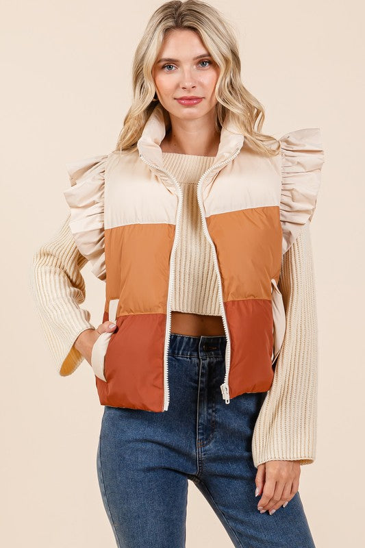 Color Block Ruffle Trim Puffer Vest - ShopEbonyMonique