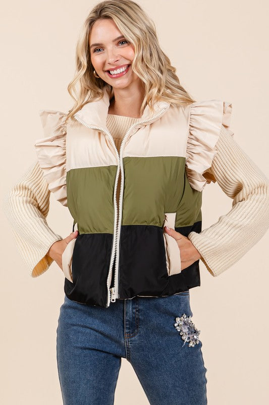 Color Block Ruffle Trim Puffer Vest - ShopEbonyMonique