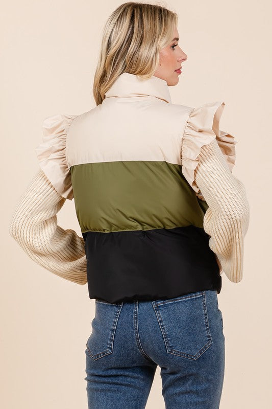 Color Block Ruffle Trim Puffer Vest - ShopEbonyMonique