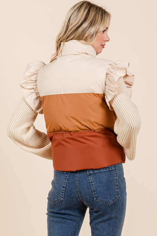 Color Block Ruffle Trim Puffer Vest - ShopEbonyMonique