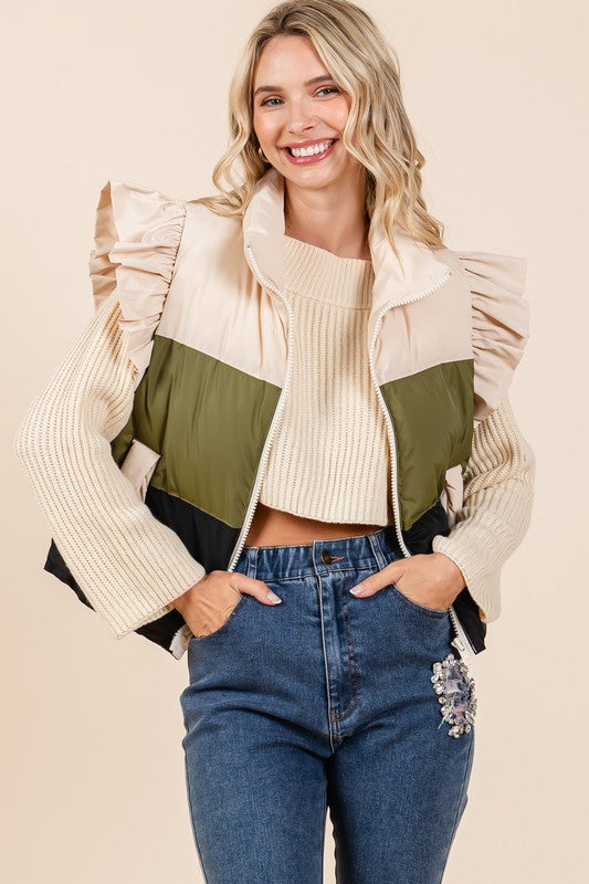 Color Block Ruffle Trim Puffer Vest - ShopEbonyMonique