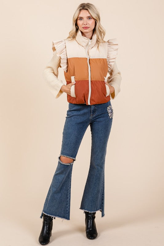 Color Block Ruffle Trim Puffer Vest - ShopEbonyMonique