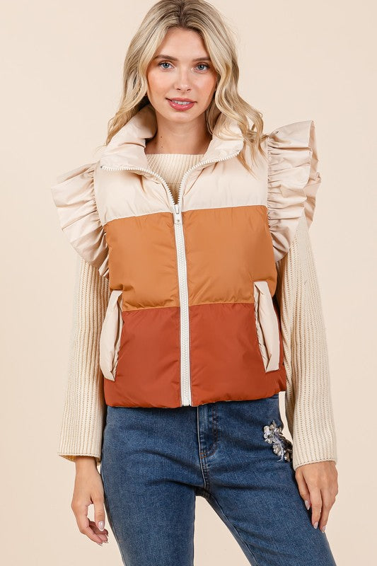 Color Block Ruffle Trim Puffer Vest - ShopEbonyMonique