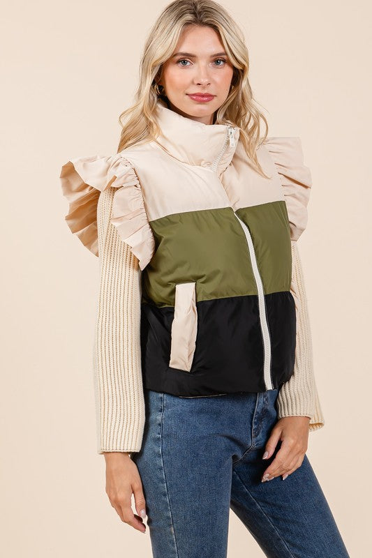 Color Block Ruffle Trim Puffer Vest - ShopEbonyMonique