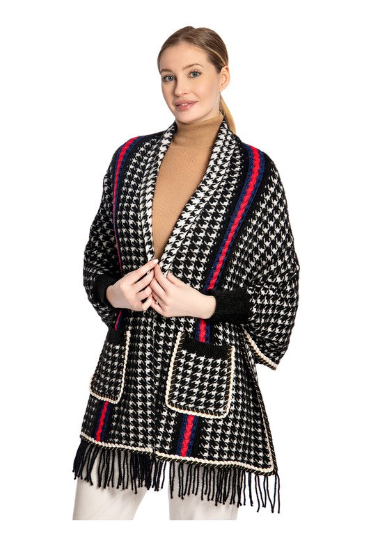 Houndstooth Sleeve Poncho with Pocket - ShopEbonyMonique