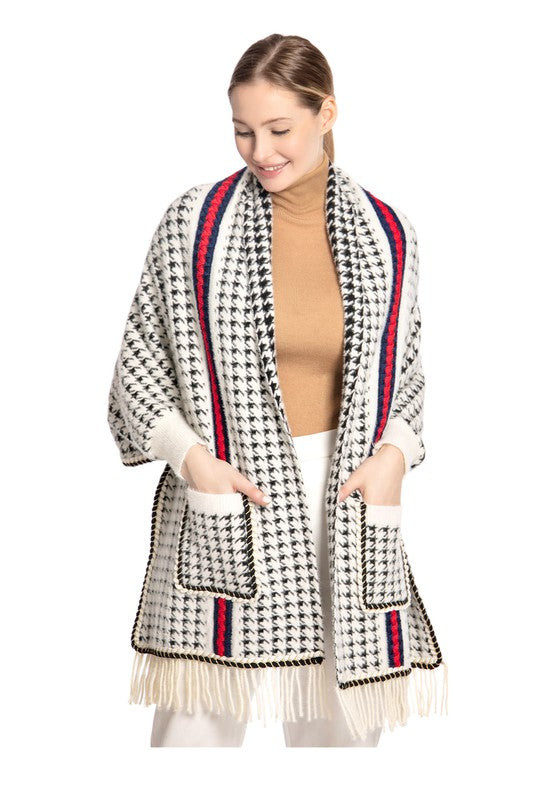 Houndstooth Sleeve Poncho with Pocket - ShopEbonyMonique