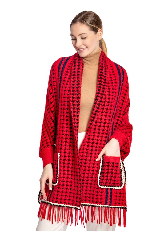 Houndstooth Sleeve Poncho with Pocket - ShopEbonyMonique