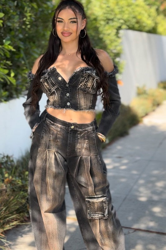 Distressed Denim Crop Top and Cargo Pants set - ShopEbonyMonique