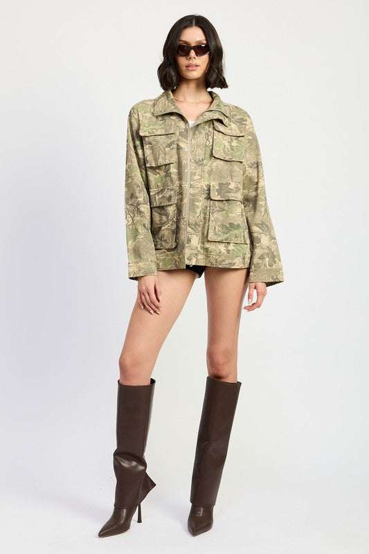 CAMO TWILL JACKET WITH FLAP POCKETS - ShopEbonyMonique