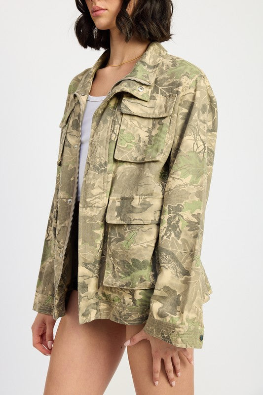 CAMO TWILL JACKET WITH FLAP POCKETS - ShopEbonyMonique