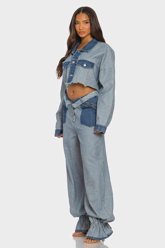 Cropped Contrast Denim Set - ShopEbonyMonique