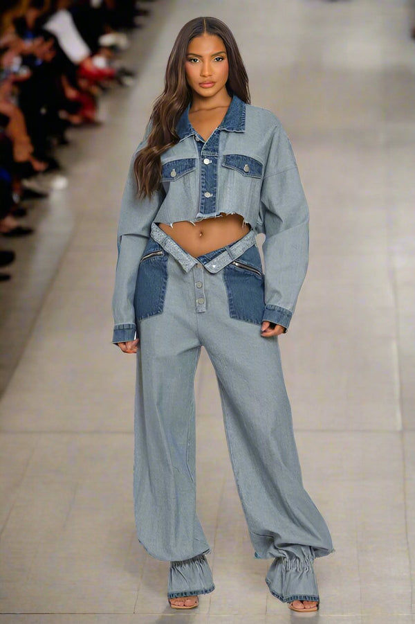 Cropped Contrast Denim Set - ShopEbonyMonique