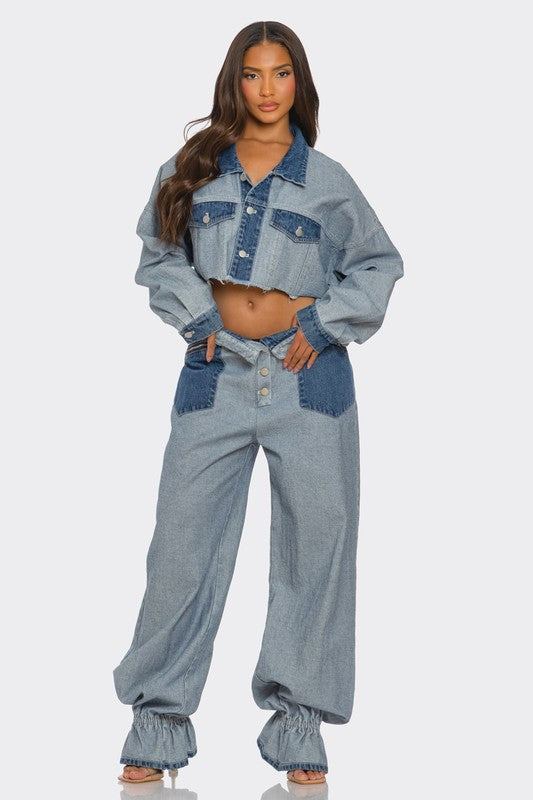 Cropped Contrast Denim Set - ShopEbonyMonique