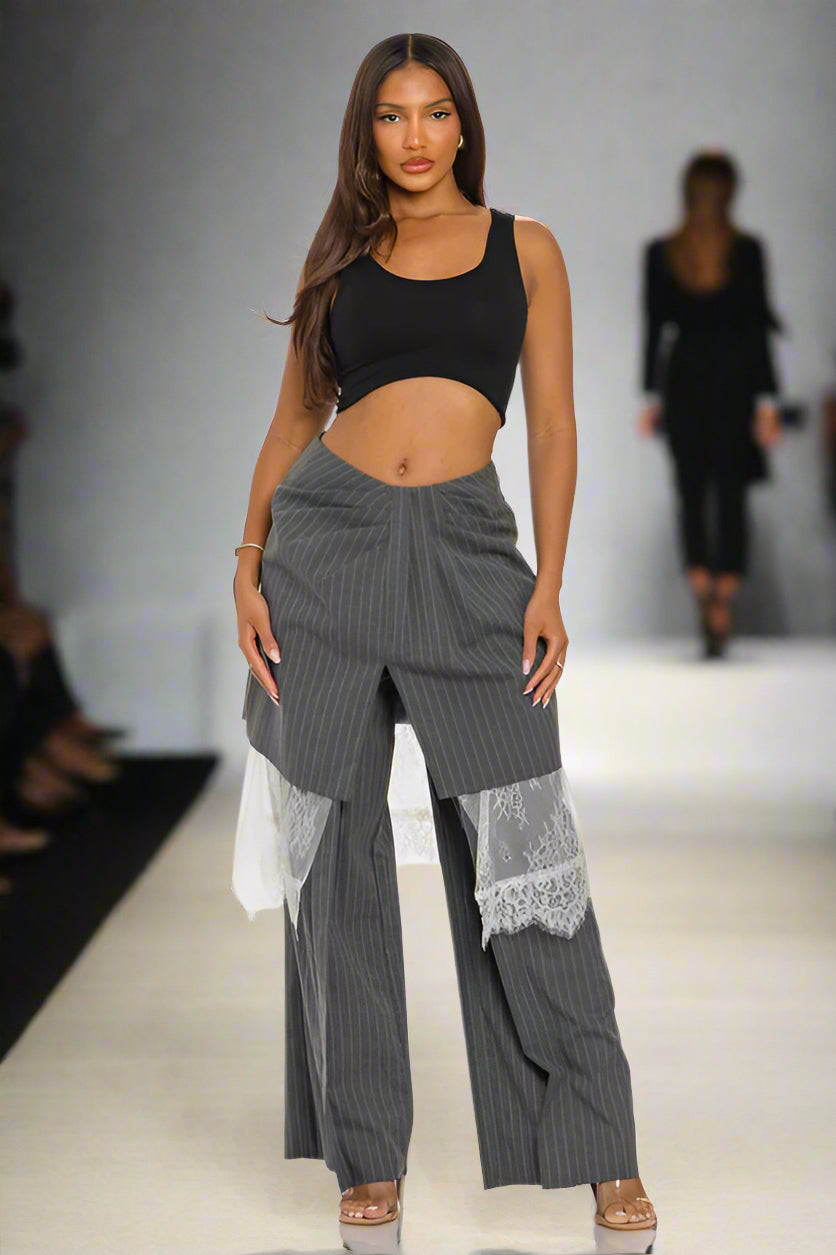 Lace-Layered Pinstripe Pant Set