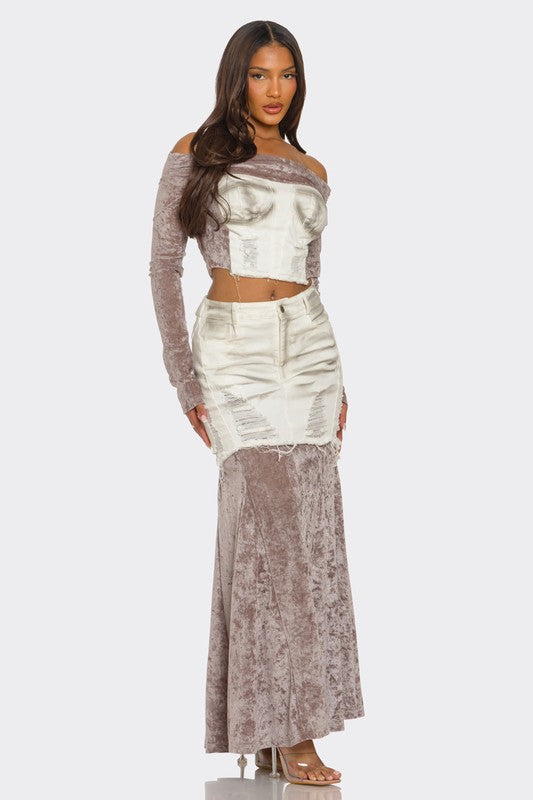 White Velvet-Denim Fusion Set