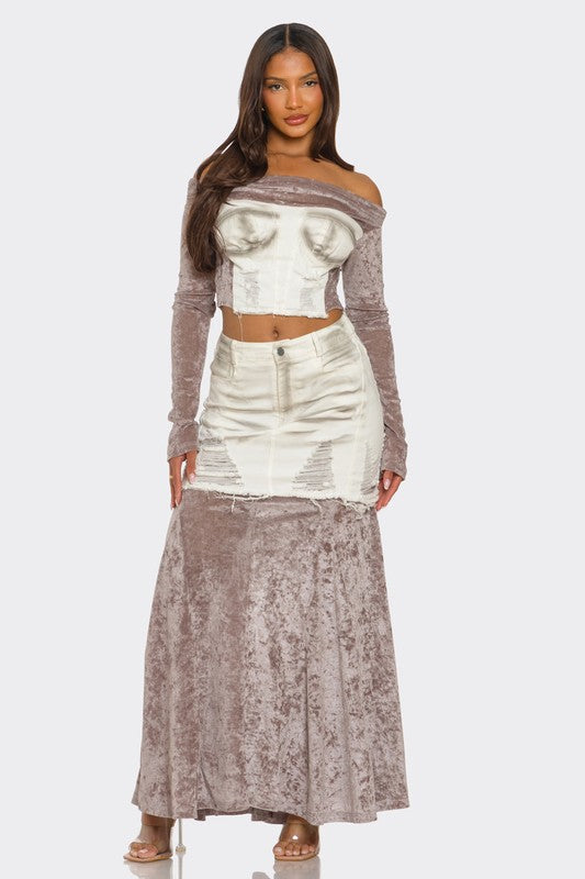 White Velvet-Denim Fusion Set