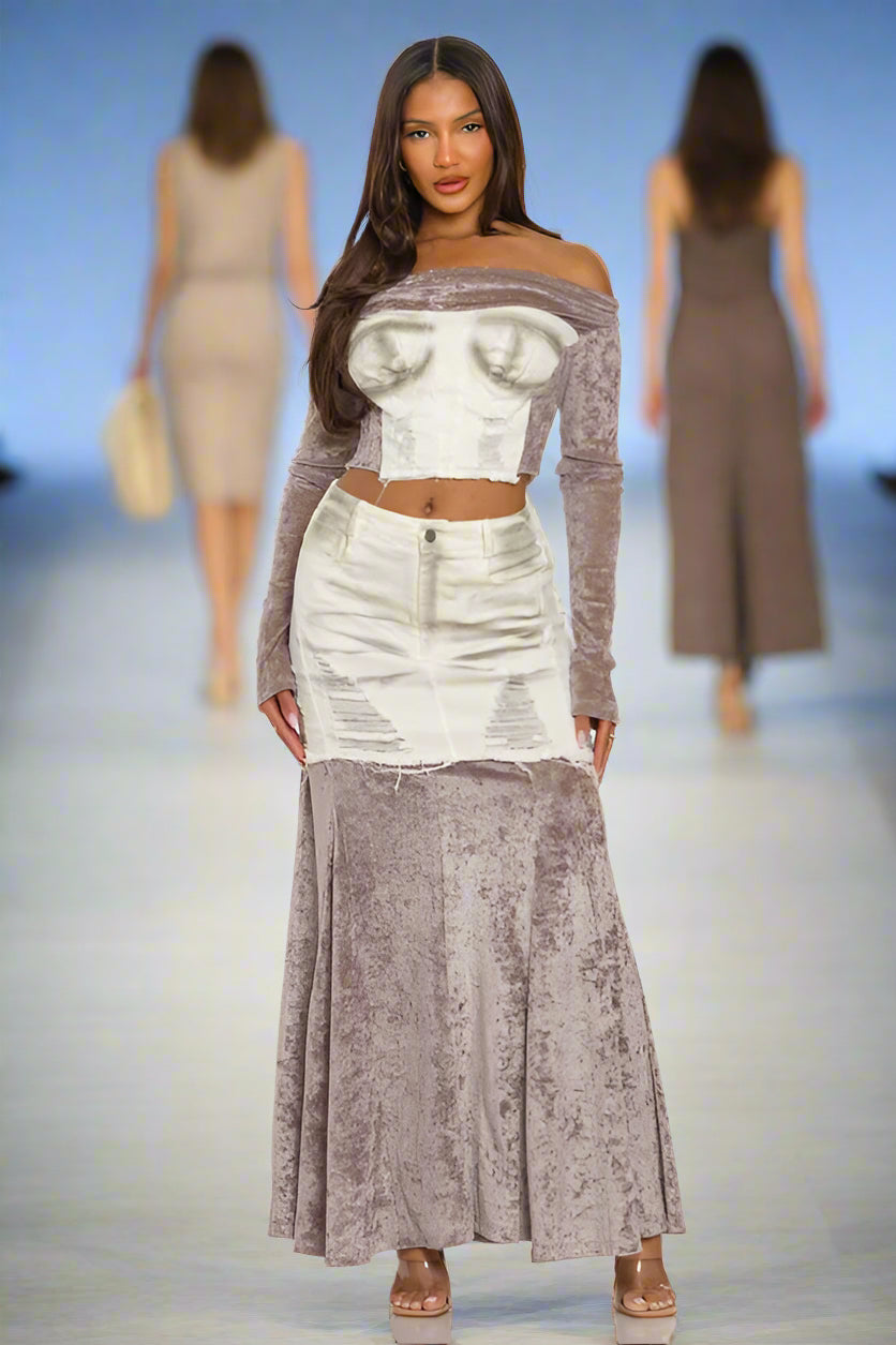 White Velvet-Denim Fusion Set