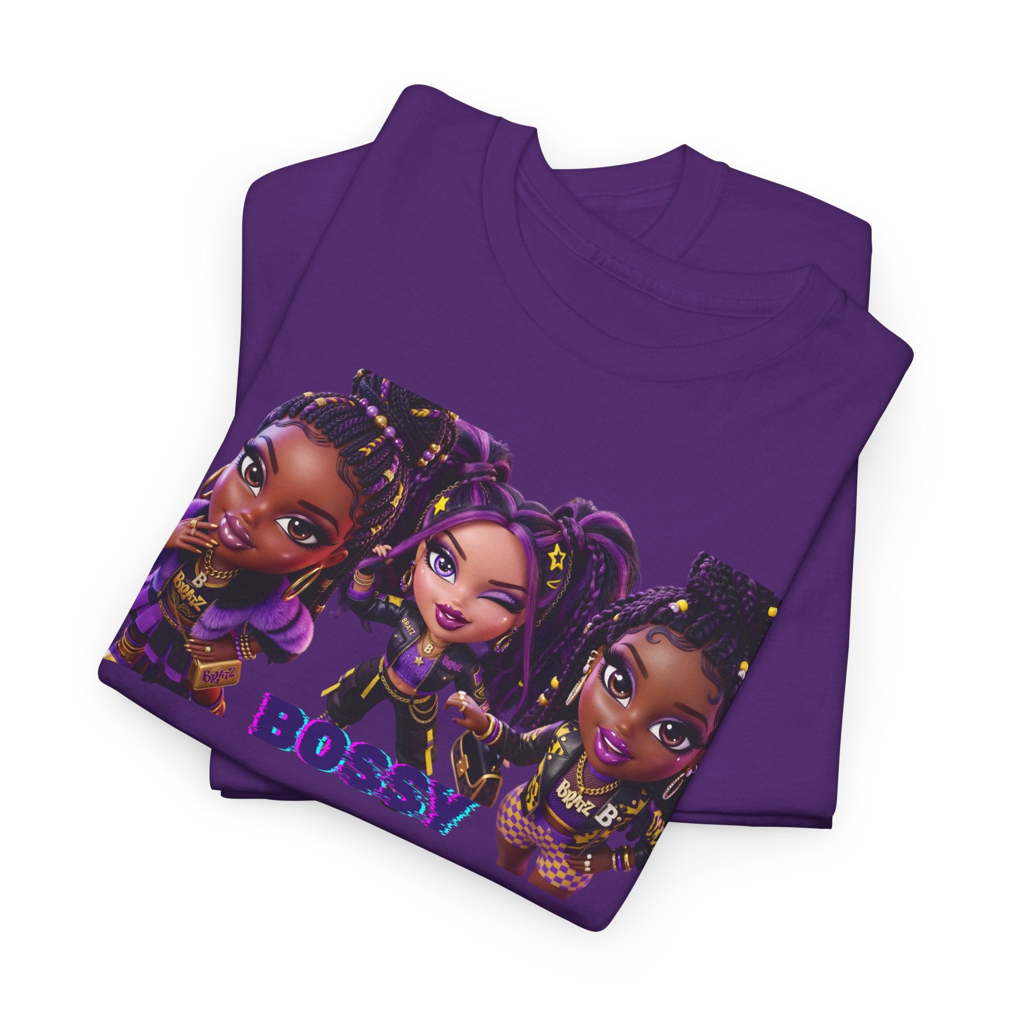 BOSSY Girl Crew Tee — Cute Purple Chibi Trio Graphic T‑Shirt