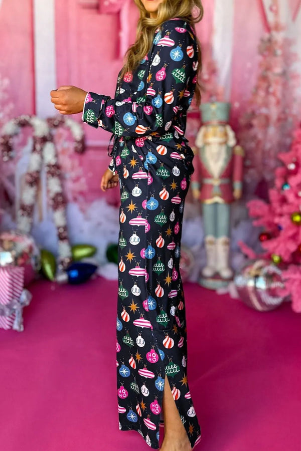 Christmas Printed Collared Neck Long Sleeve Top and Pants Lounge Set - ShopEbonyMonique