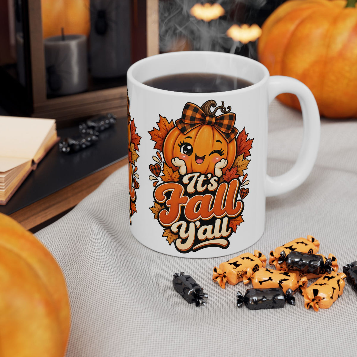 It's Fall Y'all Ceramic Mug — Cute Pumpkin & Autumn Leaves 11oz/15oz
