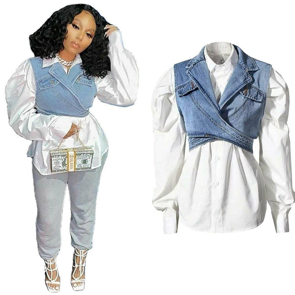 2 Piece Denim Blouse Set - ShopEbonyMonique