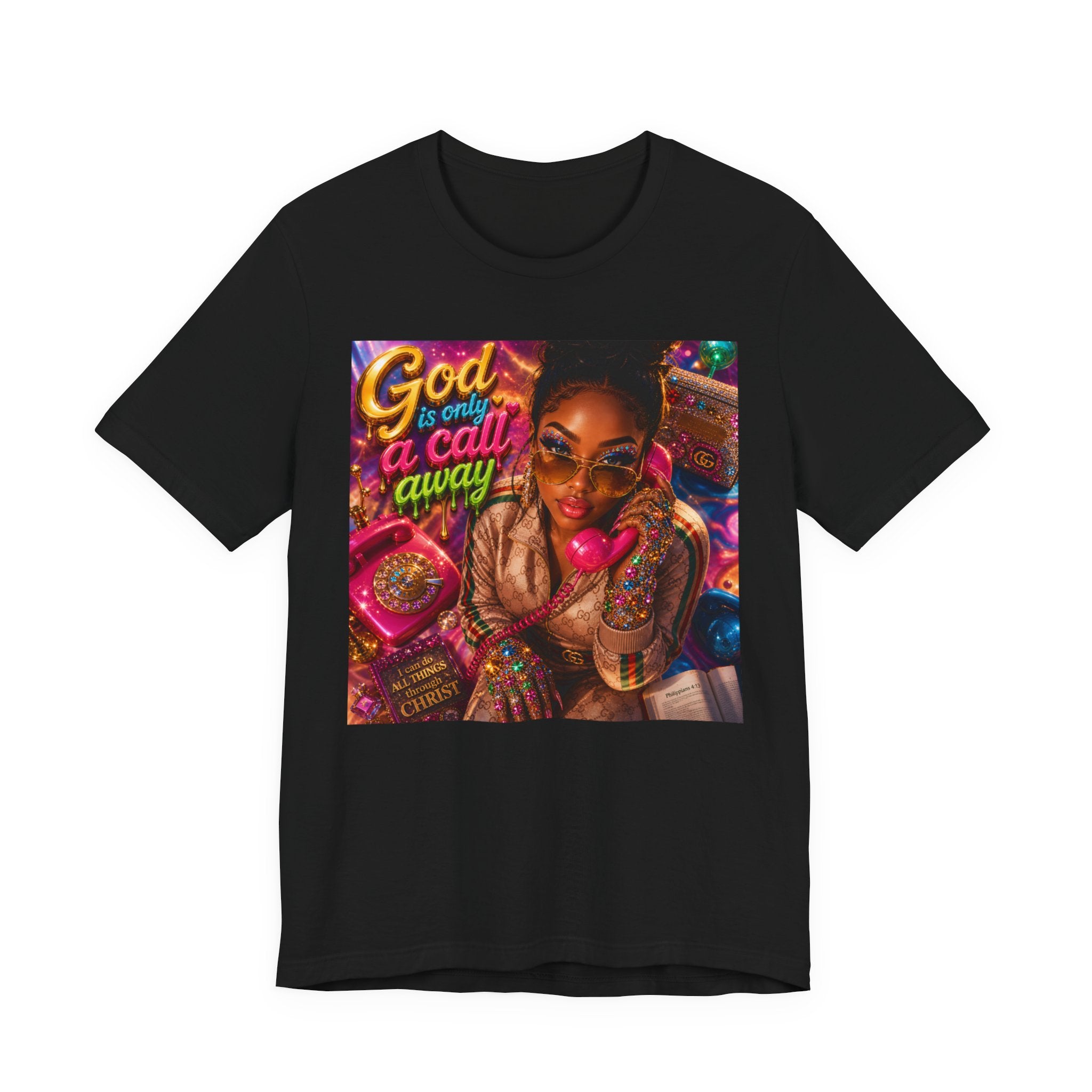 T-Shirt — "God Is Only a Call Away" Colorful Retro Gospel Tee